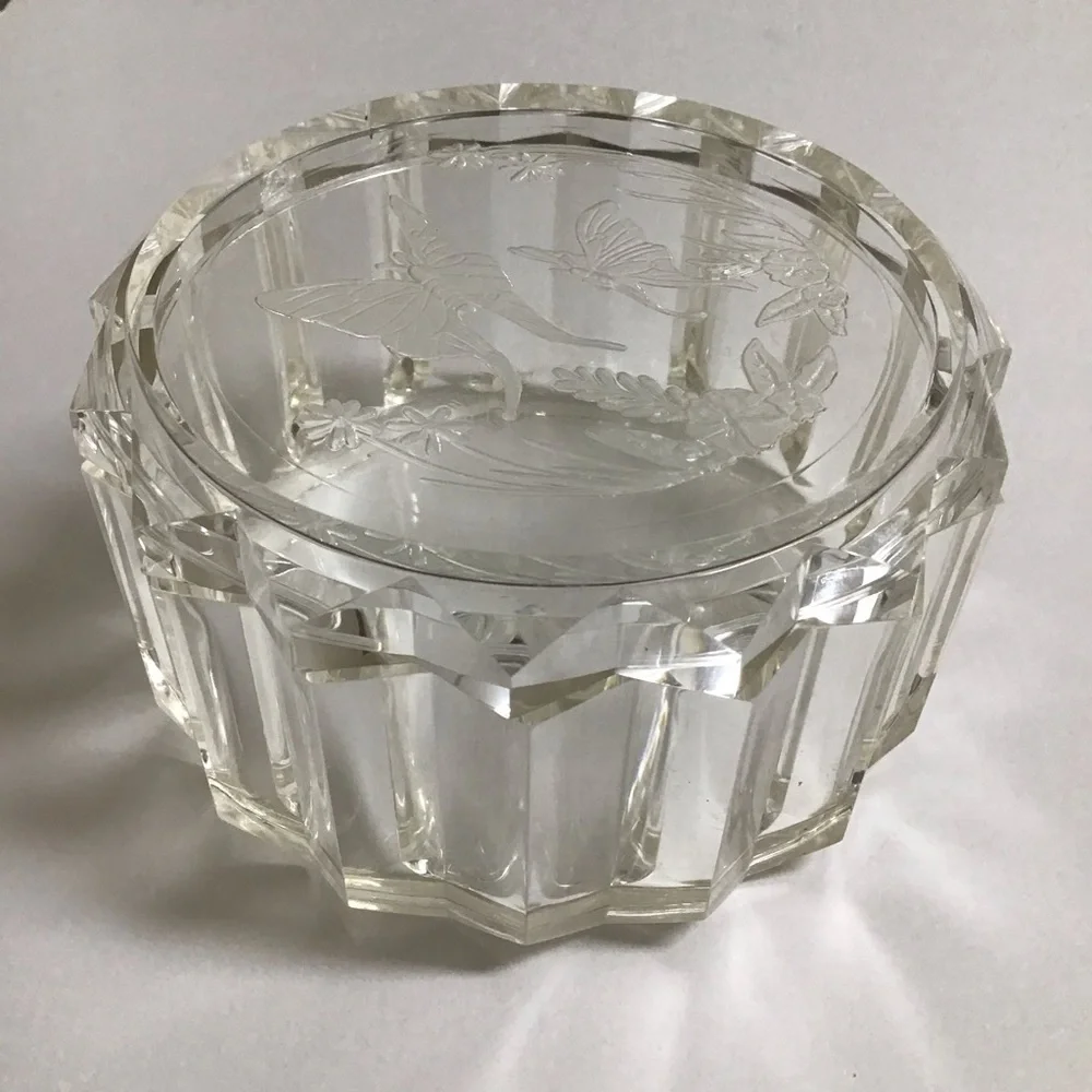 Lucite Acrylic Jewelry Box w/Lid Etched Butterfly Floral 70’s Boho Diamond Edge